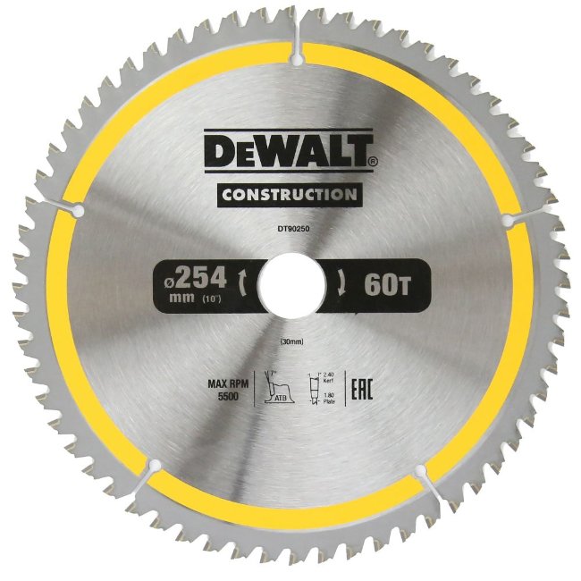 Пильный диск DEWALT DT90250, CONSTRUCTION 254/30, 60T ATB7